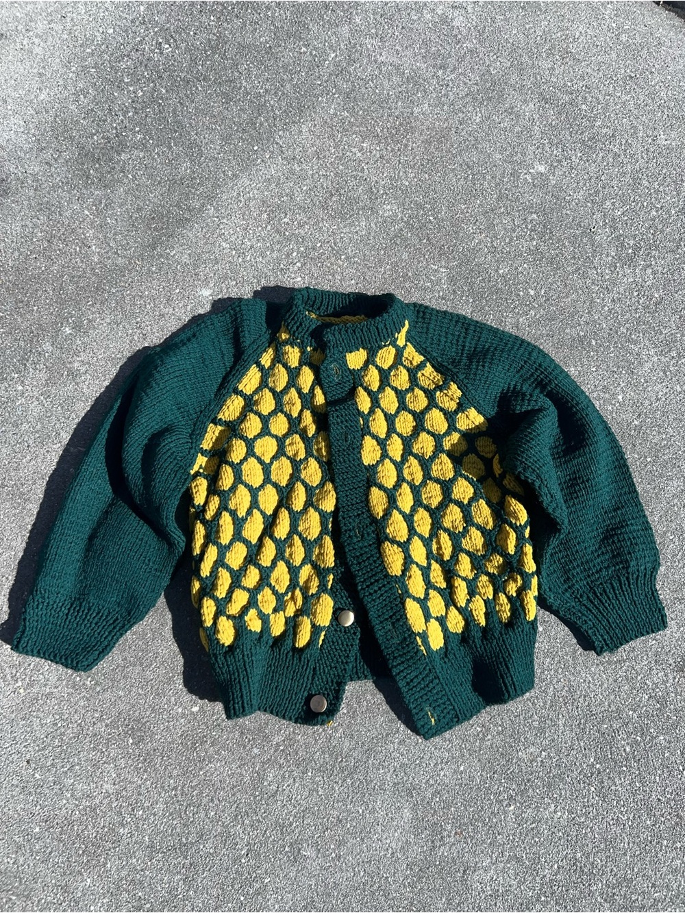 Vintage No Brand Hand Knit Green & Yellow Kids Knit Cardigan Jacket